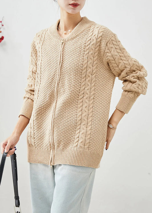 Diy Khaki Zip Up Thick Cable Knit Coats Fall
