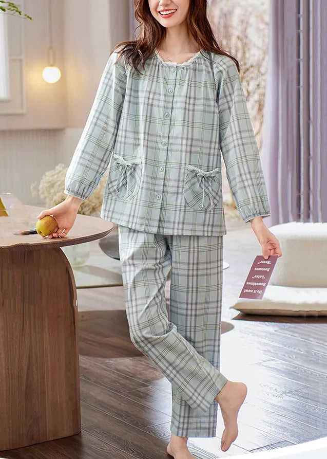 Peter Pan Collar Plaid Bow Cotton Pajamas Two Pieces Set Fall