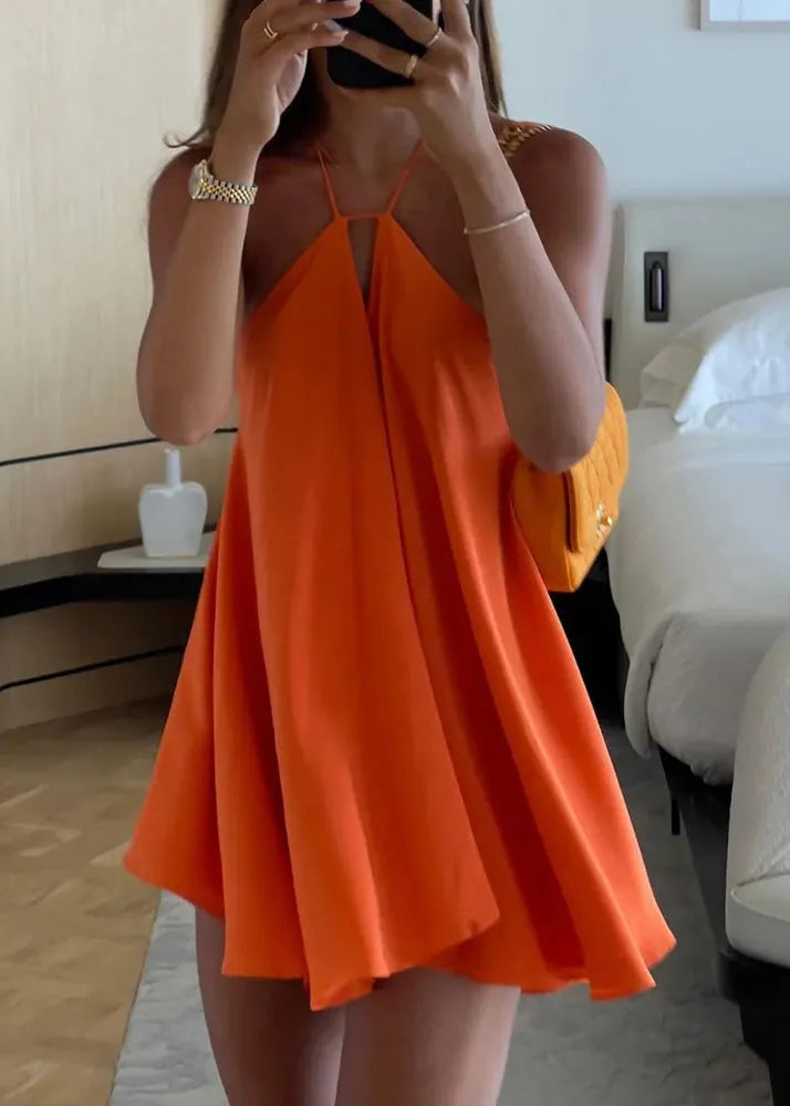 Style Orange Backless Lace Up Chiffon Mid Dresses Summer