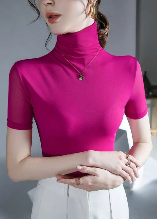 Stylish Black Hign Neck Slim Fit Tulle Blouse Tops Summer