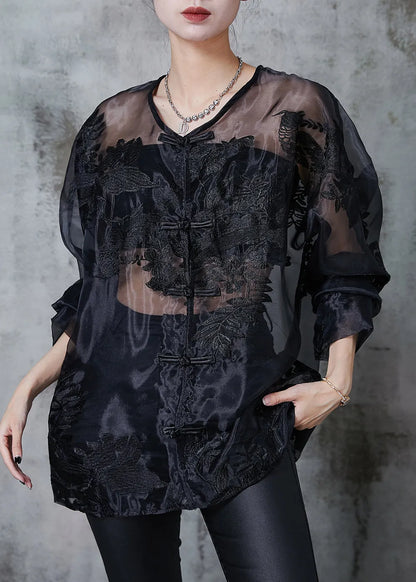 Black Embroidered Hollow Out Organza Blouses Summer