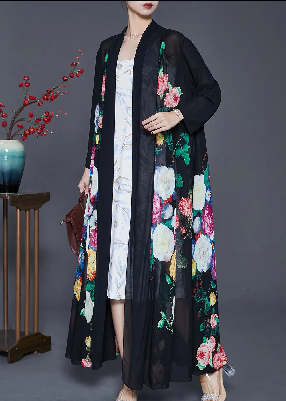 Fine Black Oversized Print Chiffon Upf 50+ Coat Cardigan Spring