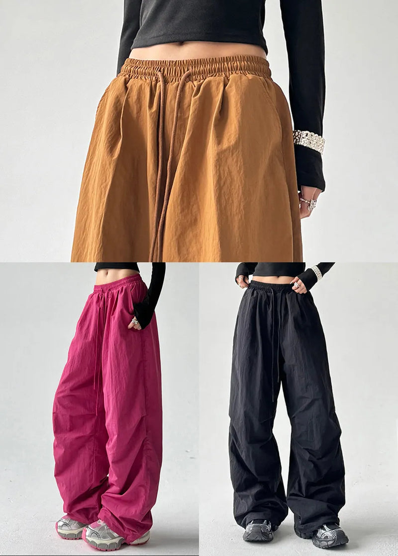 Black Oversized Elastic Waist Cotton Pants Spring