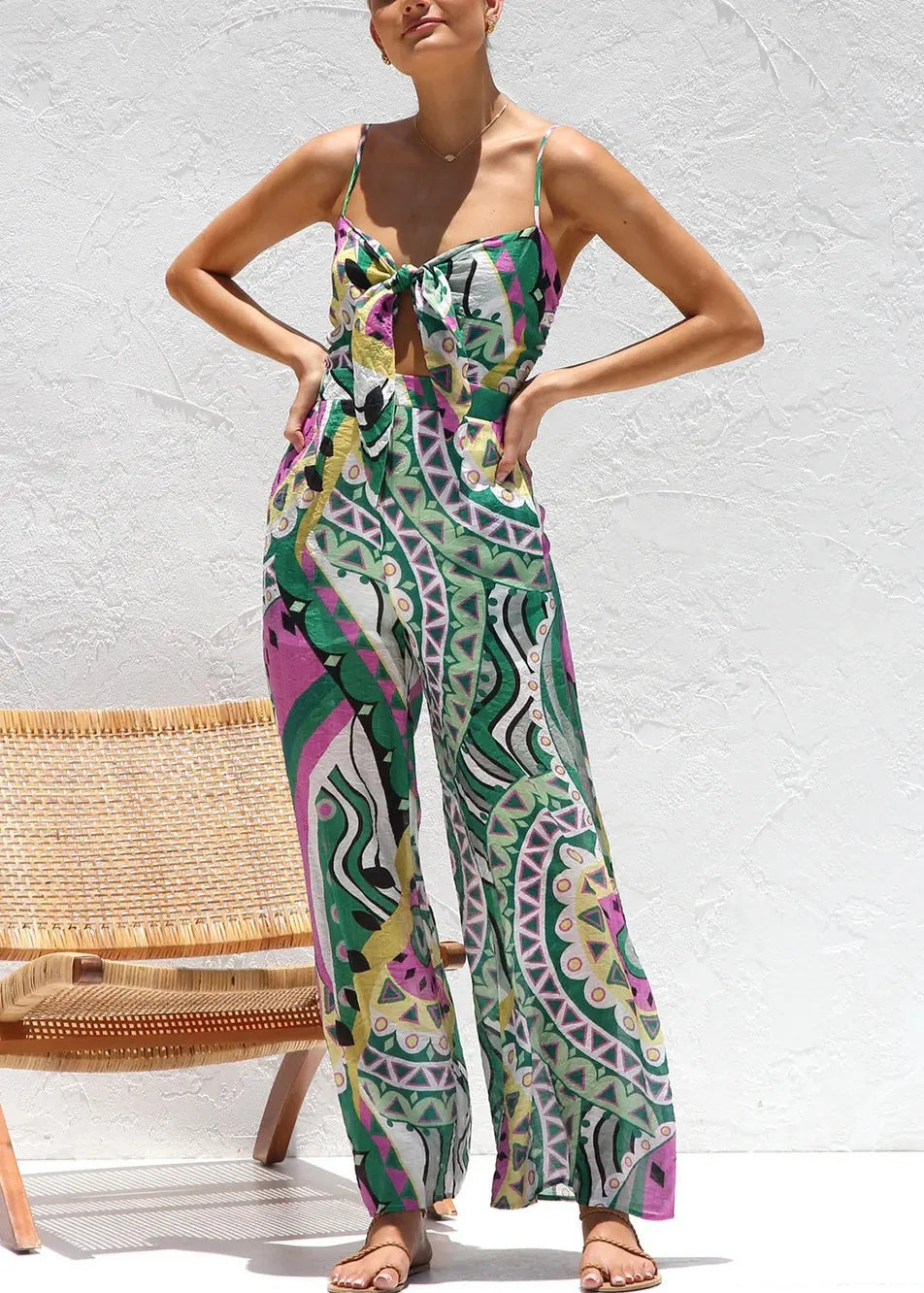 Stylish Green Print Chiffon Spaghetti Strap Jumpsuits Summer