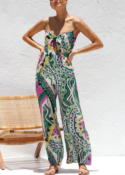 Stylish Green Print Chiffon Spaghetti Strap Jumpsuits Summer