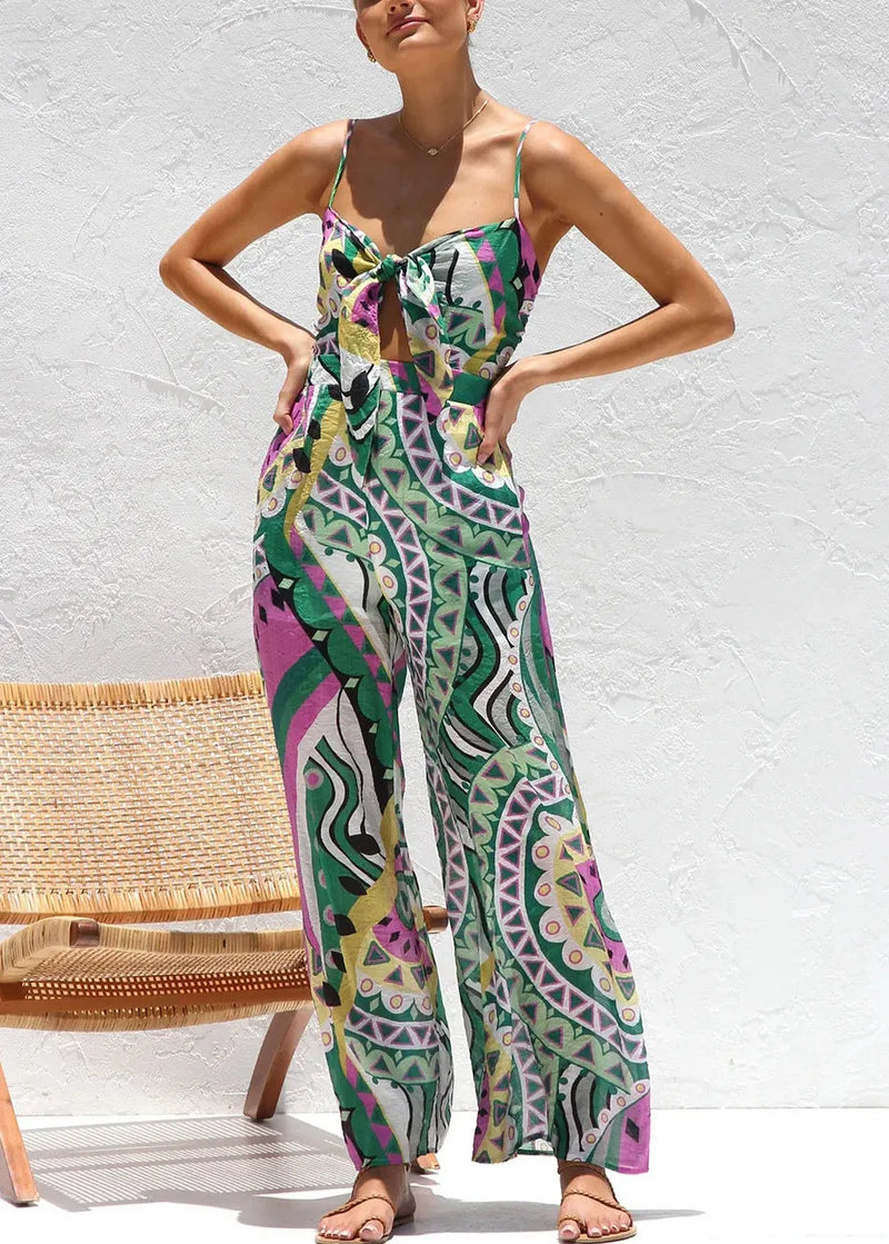 Stylish Green Print Chiffon Spaghetti Strap Jumpsuits Summer