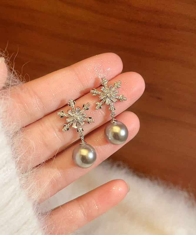 Diy Grey Copper Snowflake Pearl Drop Earrings