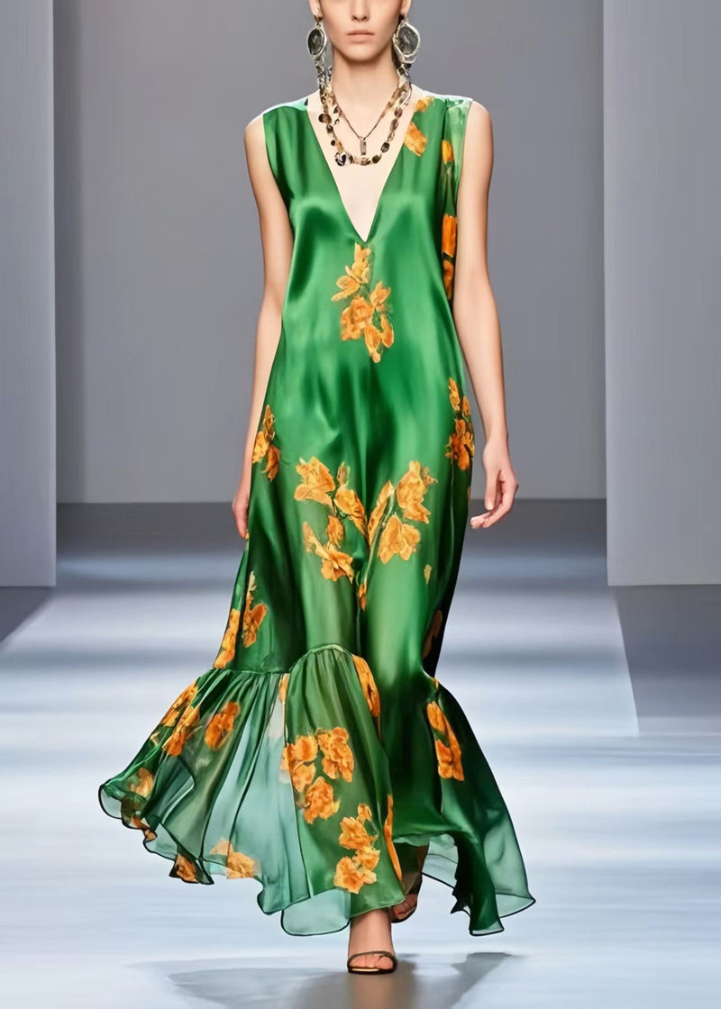 Green V Neck Print Silk Long Dresses Sleeveless