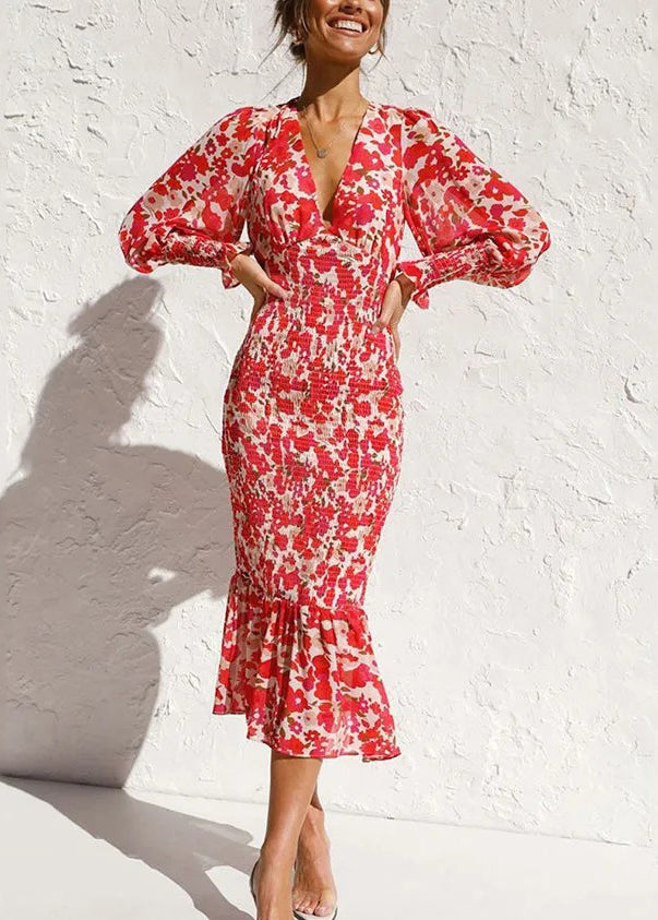 Boutique Red V Neck Ruffled Print Cotton Dress Lantern Sleeve