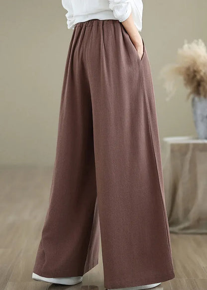 Coffee Pockets Drawstring Cotton Wide Leg Pants Fall