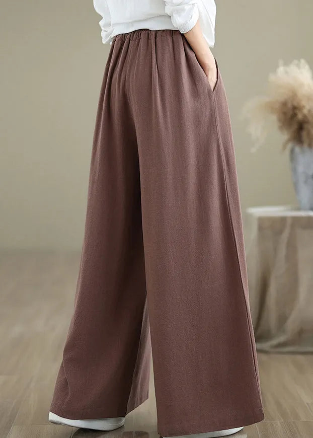Coffee Pockets Drawstring Cotton Wide Leg Pants Fall