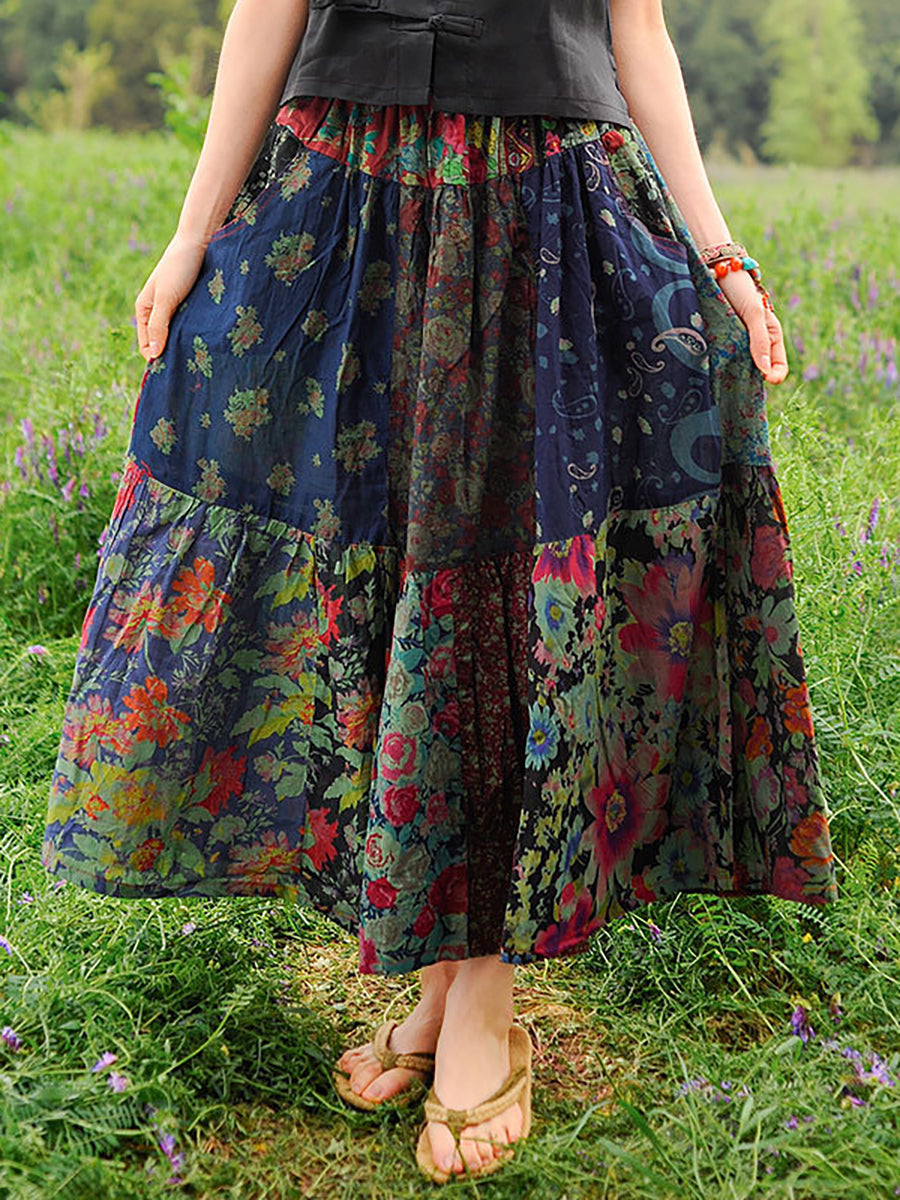 Retro Splicing Cloth Flower Printed Skirt