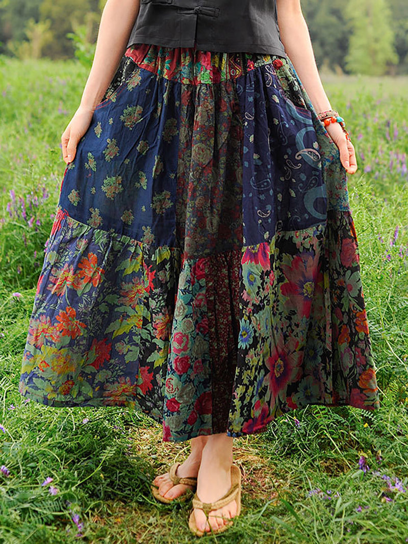 Retro Splicing Cloth Flower Printed Skirt