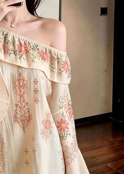 Beige Slash Neck Print Cotton Strapless Blouses Spring