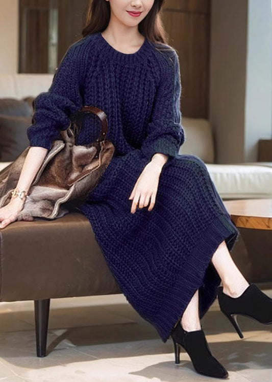 Natural Navy O-neck Patchwork Cozy Cotton Knit Long Dress Winter