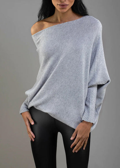 Grey O Neck Knit Pullover Batwing Sleeve
