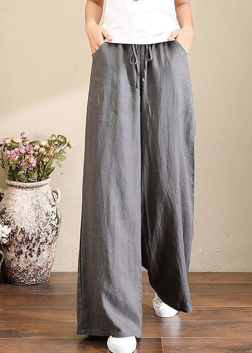 French Orange Flower Elastic Waist Pockets Linen Wide Leg Pants Summer