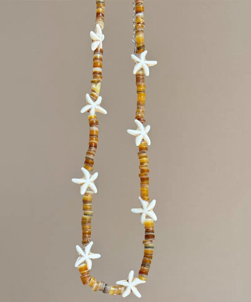Beach Yellow Alloy Starfish Shell Beading Necklace