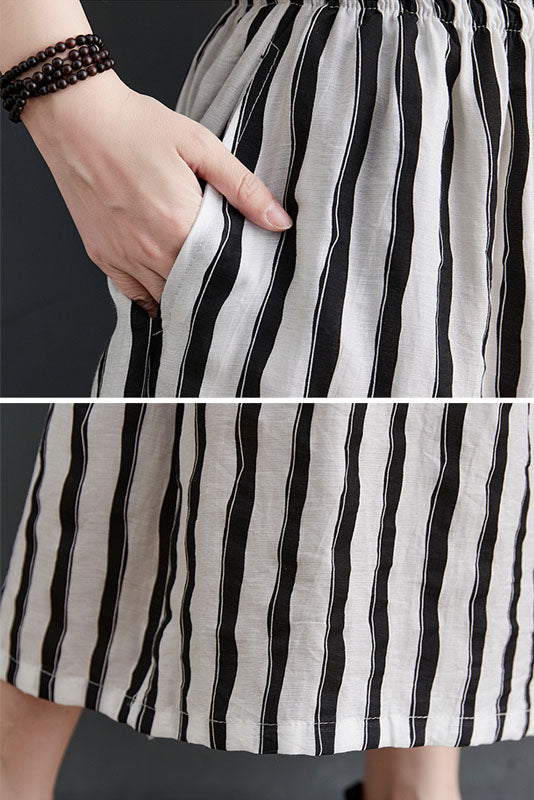 Summer Vertical Stripes Tencel Cotton Wide-leg Cropped Trousers