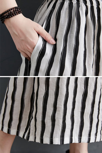 Summer Vertical Stripes Tencel Cotton Wide-leg Cropped Trousers