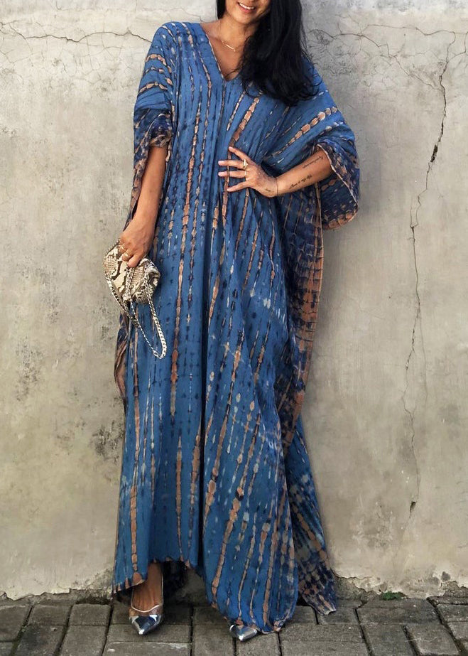 Blue V Neck Tie Dye Cotton Vacation Dresses Summer