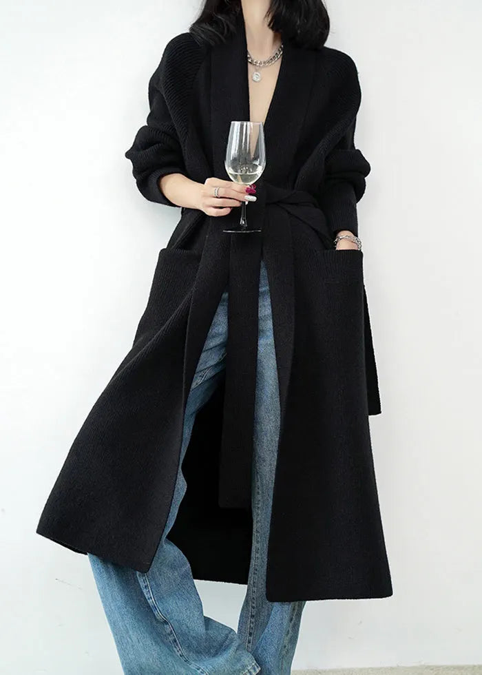 Grey Pockets Tie Waist Knit Loose Cardigans Fall Winter