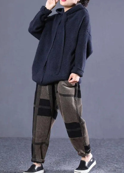 Diy Navy Hooded Loose Fall Knitted Top