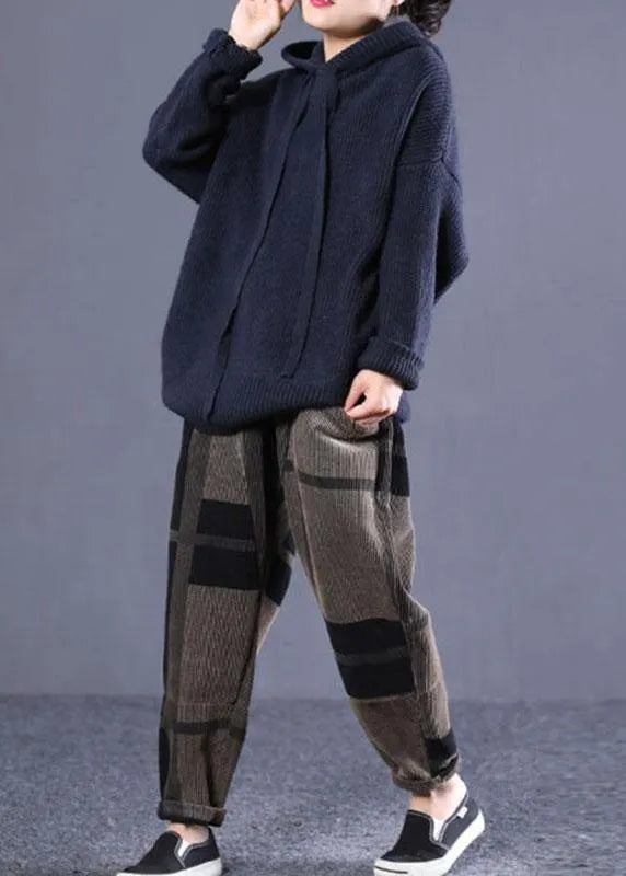 Diy Navy Hooded Loose Fall Knitted Top