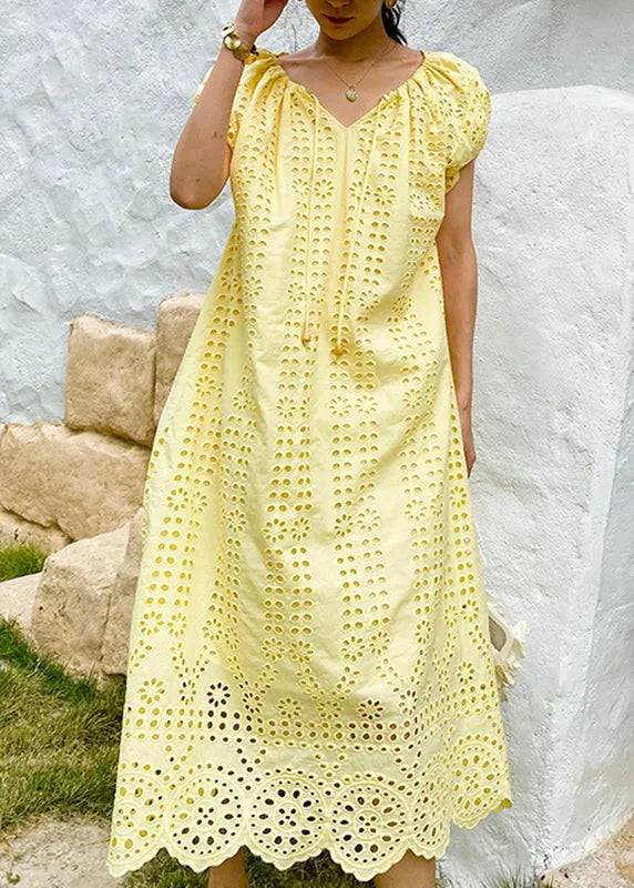 Boutique Yellow O-neck Hollow Out Knitted Cotton Long Dress Summer