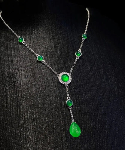 New Green Sterling Silver Overgild Zircon Jade Tassel Pendant Necklace