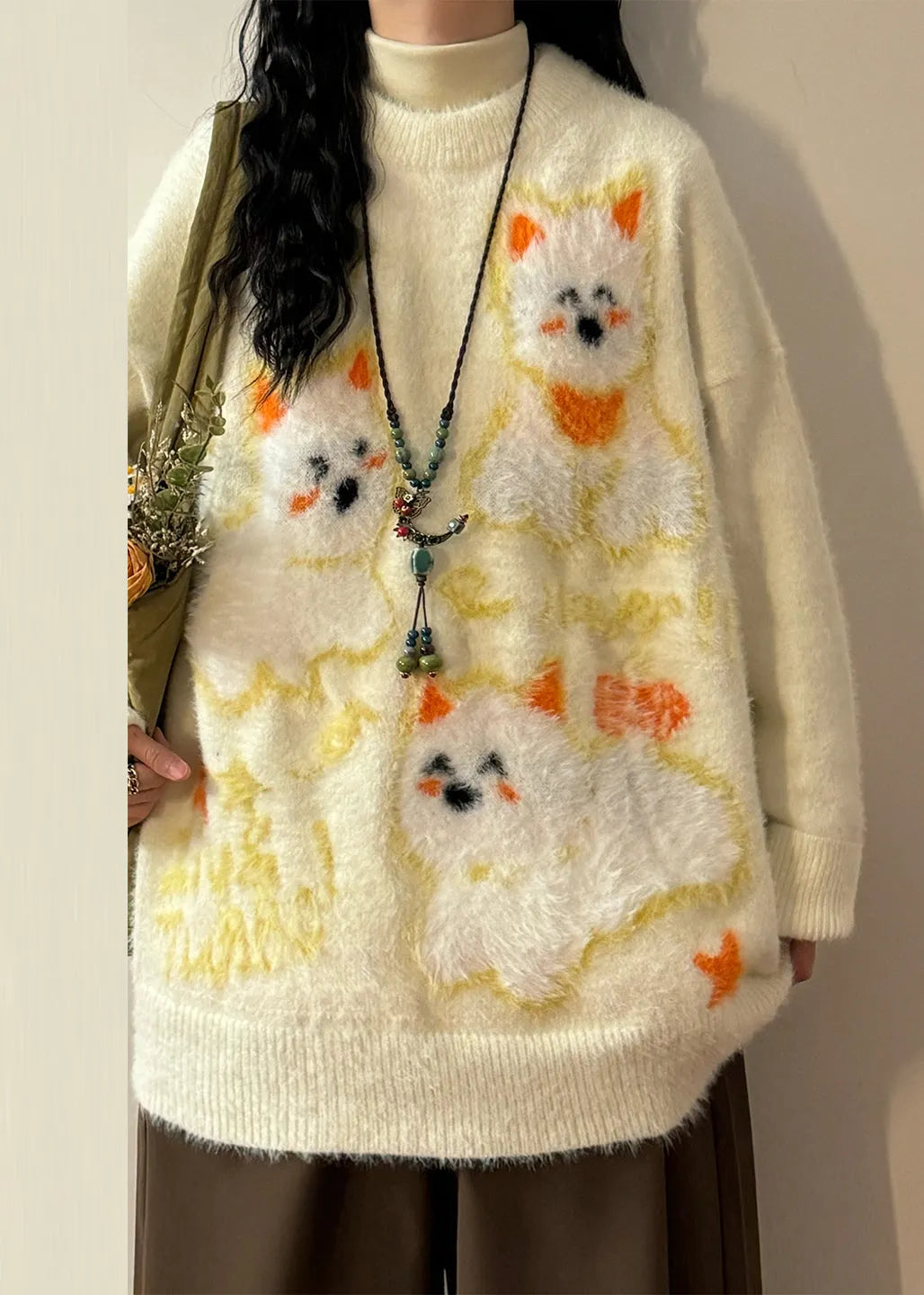 Apricot O-neck Little Dog Cozy Mink Hair Knitted Sweater Winter