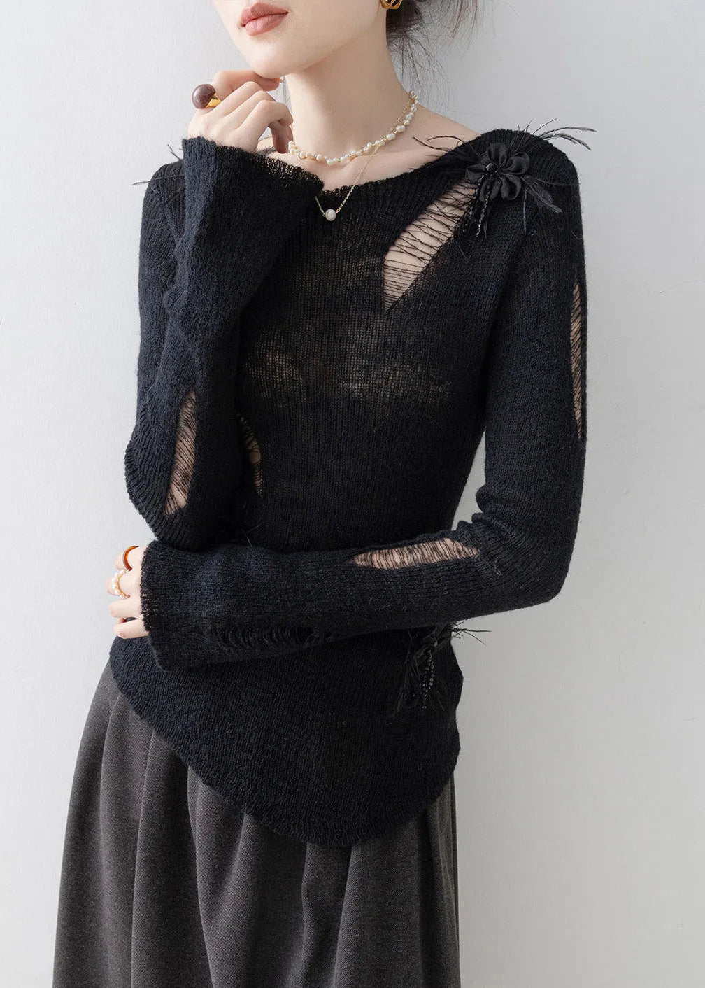 Black O Neck Tassel Knit Top Spring