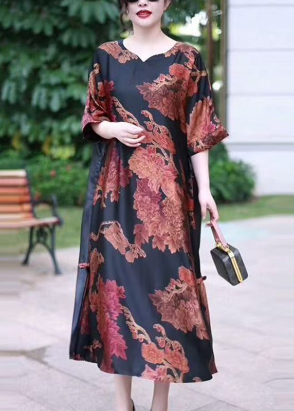 Red V Neck Print Silk Long Dress Summer