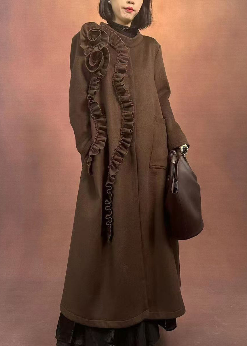 Fine Coffee O-neck Ruffled Patchwork Pockets Woolen Long Coats Winter