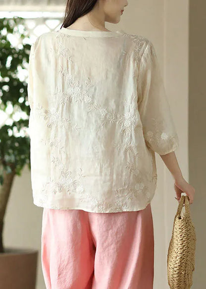 Fine Apricot Embroidered Button Patchwork Linen Top Summer