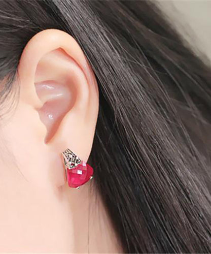 Red Sterling Silver Inlaid Gem Stone Stud Earrings