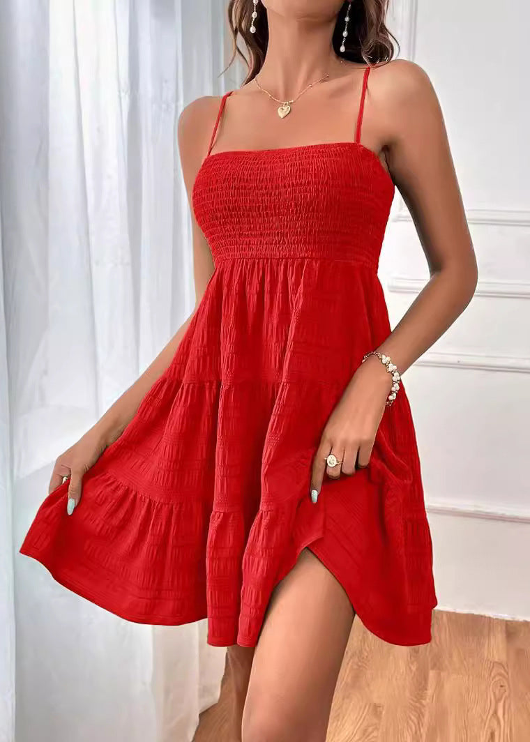 Modern Royal Blue Wrinkled Cotton Mini Spaghetti Strap Dress Summer