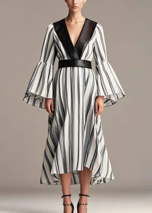 Black Striped Patchwork Cotton Cinched Dresses Flare Sleeve