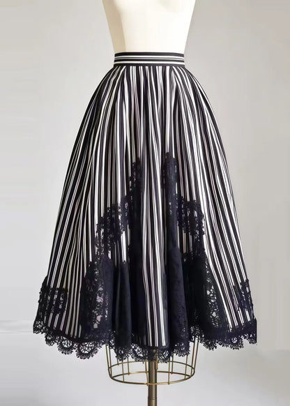 Black Striped Patchwork Lace Exra Large Hem Skirt Summer