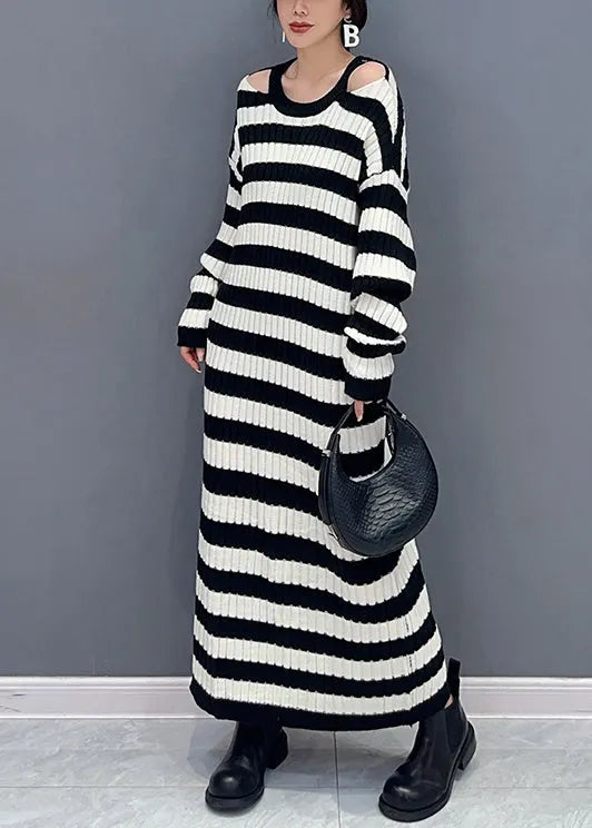 Black Striped Side Open Patchwork Knit Cardigan Fall