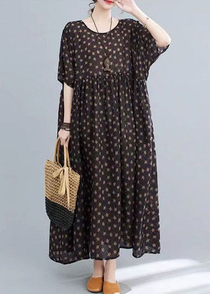 Coffee O Neck Print Wrinkled Patchwork Cotton Long Dresses Summer