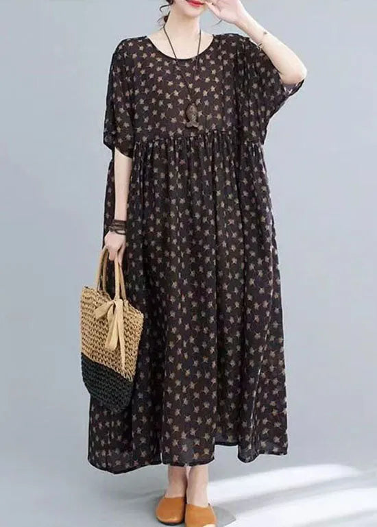 Coffee O Neck Print Wrinkled Patchwork Cotton Long Dresses Summer