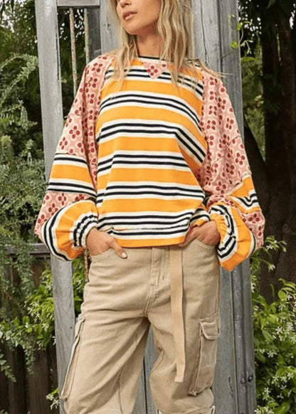 Stylish Yellow O Neck Striped Print Patchwork Cotton Top Lantern Sleeve