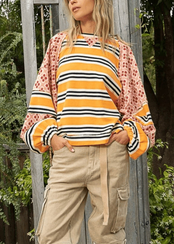 Stylish Yellow O Neck Striped Print Patchwork Cotton Top Lantern Sleeve