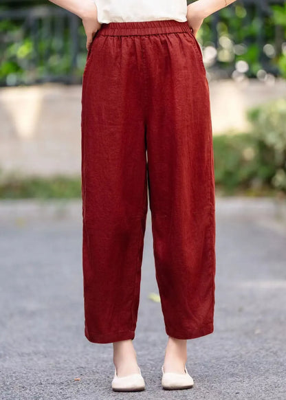 Stylish Mulberry Elastic Waist Pockets Linen Harem Pants Summer