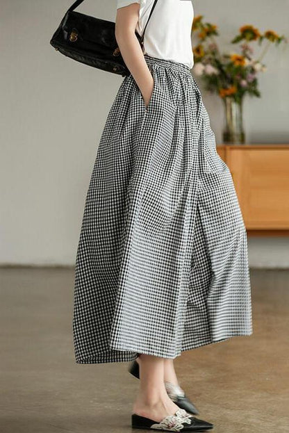Cotton Plaid Pocket Straight Wide Leg Pants