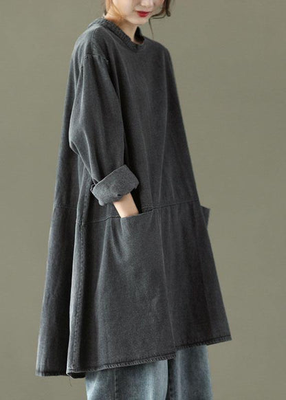 Black Grey-yellow Flower O-neck Pockets Denim Long Dresses Long Sleeve