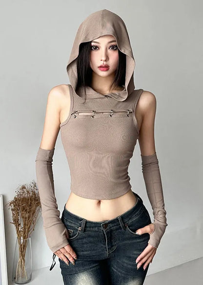 Khaki Patchwo Hollow Out Hooded Top Sleeveless