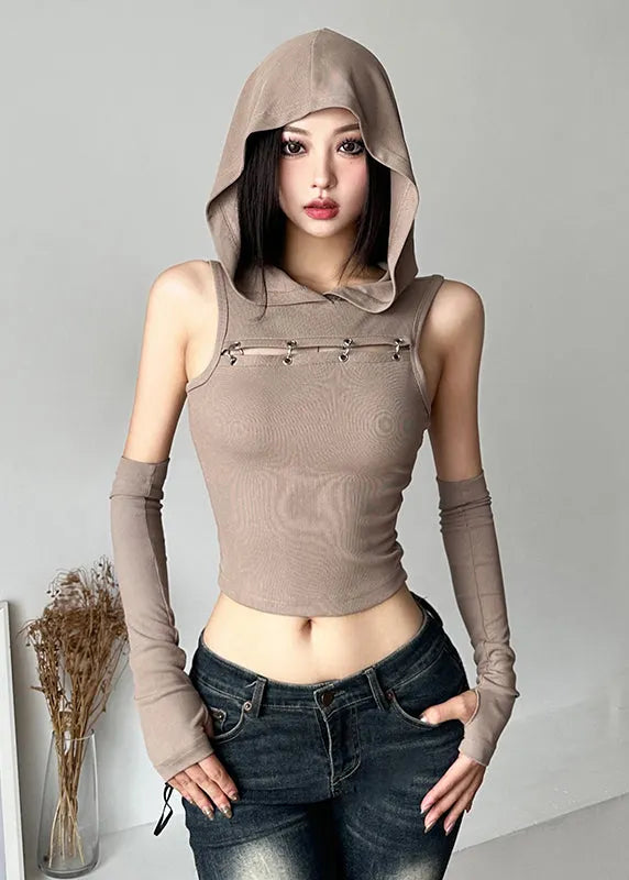 Khaki Patchwo Hollow Out Hooded Top Sleeveless
