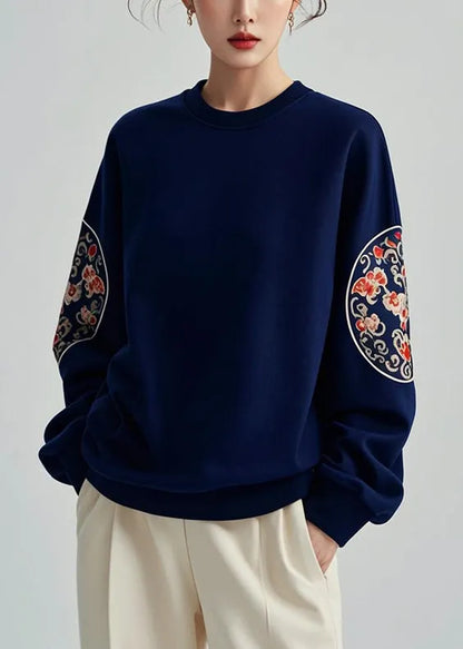 Navy O Neck Print Cotton Pullover Sweatshirts Fall